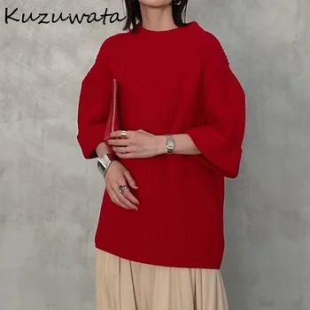 Kuzuwata 2023, Новинка осени и зимы, пуловеры Японского простого дизайна, Свободные повседневные женские свитера с круглым вырезом и коротким рукавом.