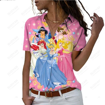 Летняя женская рубашка с коротким рукавом Disney, элегантная шифоновая рубашка с фрагментированной 3D-печатью, дышащий женский милый топ
