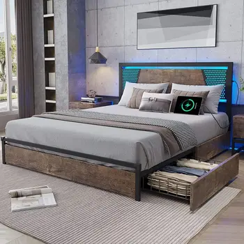 Полноразмерный каркас кровати с 2 USB-зарядными станциями, Металлическая платформа-кровать со светодиодной подсветкой