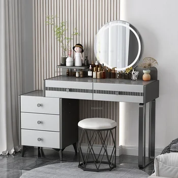 Простой туалетный столик в скандинавском стиле, мебель для спальни, Шиферная столешница, столик для макияжа с зеркалом и табуреткой, современный шкафчик для хранения сбоку