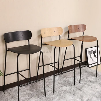 Скандинавские барные стулья из кованого железа для барной мебели, Барные стулья со спинкой из массива дерева, Креативный Легкий Роскошный кухонный стул для отдыха, Барный стул